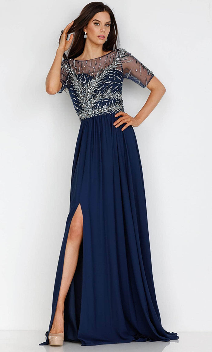 Terani Couture 231M0341 - Modest Chiffon A-line Flowy Dress 00 / Navy Silver