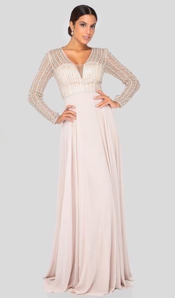 Terani Couture - Bead-Striped Sheer Long Sleeve Chiffon Gown 1911M9326 - 1 pc Champagne In Size 20 Available CCSALE 20 / Champagne