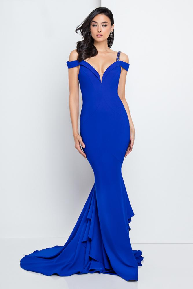 Terani Couture Beaded Straps Off-Shoulder Evening Gown 1723E4264 CCSALE 8 / Cobalt