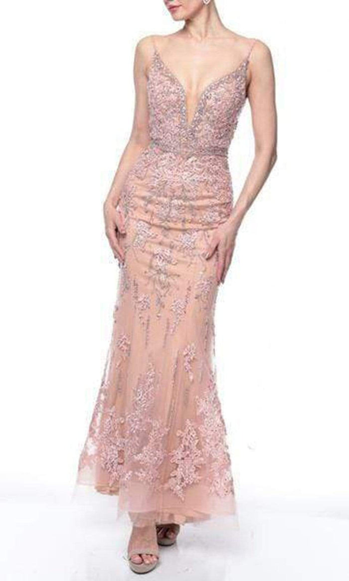 Terani Couture - Bedazzled Deep V-neck Trumpet Dress 1922GL0681 - 1 pc Rose Blush In Size 14 Available CCSALE 14 / Rose Blush