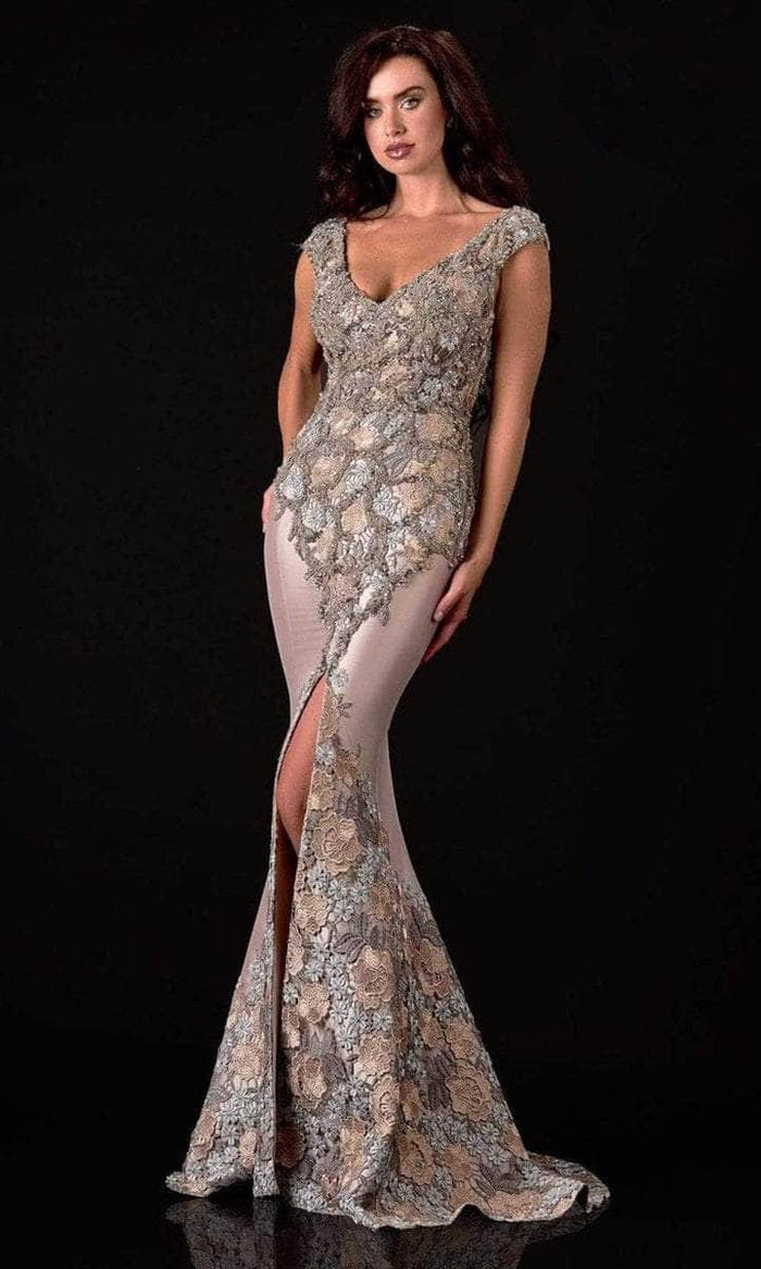 Terani Couture - Cap Sleeve Floral Evening Dress 2111M5302 - 1 pc Pewter Bronze In Size 18 Available CCSALE 18 / Pewter Bronze