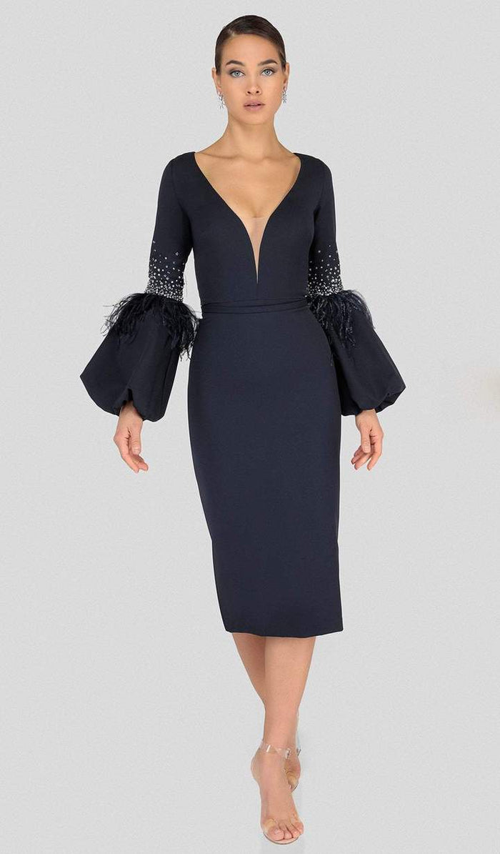 Terani Couture - Feather-Fringe Sleeve Plunging Sheath Dress 1912C9643 - 1 pc Navy in Size 8 Available CCSALE 8 / Navy