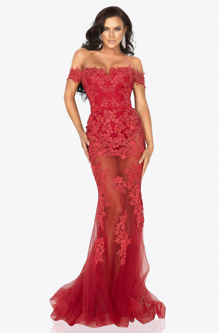 Terani Couture - Off Shoulder Floral Prom Dress 2012P1471 - 1 pc Red In Size 4 Available CCSALE 4 / Red