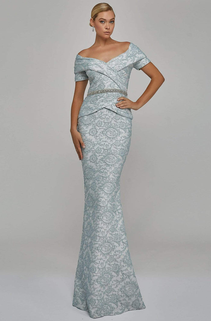 Terani Couture - Off Shoulder V Neck Beaded Belt Sheath Gown 1921M0727 CCSALE 8 / Powder Blue