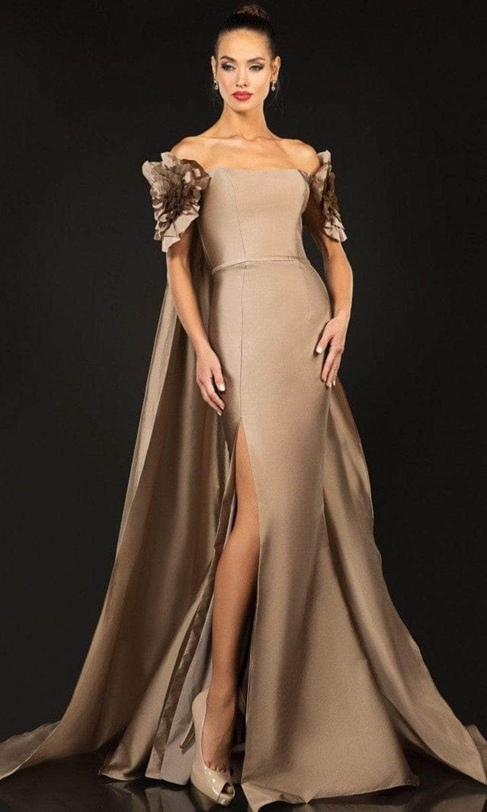 Terani Couture - Straight Across Taffeta Evening Gown 2021E2792 - 1 pc Taupe In Size 12 Available CCSALE 12 / Taupe