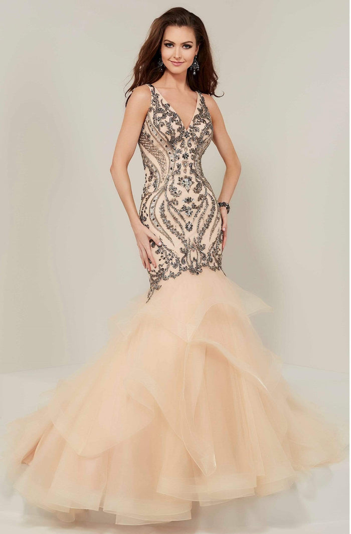 Tiffany Designs - 16351 Beaded V-Neck Layered Mermaid Dress Special Occasion Dress 0 / Champagne/Gunmetal