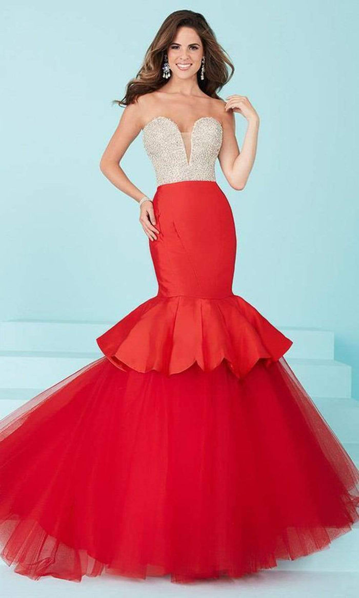 Tiffany Designs - Captivating Rhinestone and Crystal Beaded Deep Sweetheart Mermaid Dress 16217 - 1 pc Champagne/Red In Size 4 Available CCSALE 4 / Champagne/Red