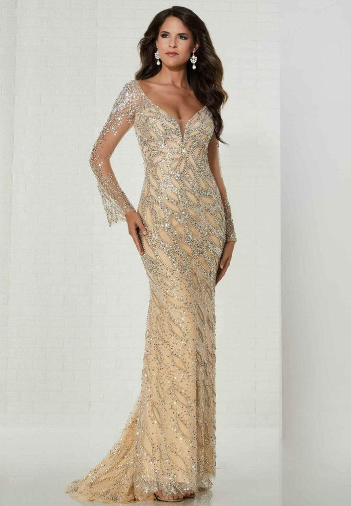 Tiffany Designs - Jeweled Long Sleeve Plunging Sheath Gown 46140 CCSALE 2 / Champagne