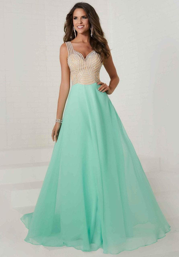 Tiffany Designs - Rhinestone Embellished Chiffon A-Line Gown 16295 CCSALE 4 / Aqua/Silver/Nude